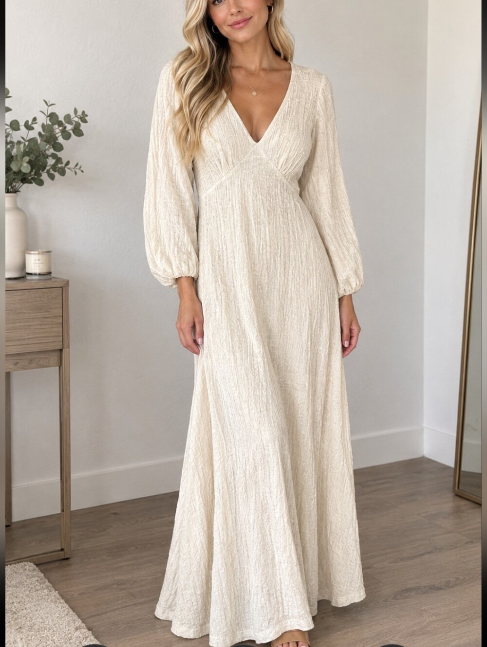 FP Beach Ivory Knit Maxi Dress V-Neck 3/4 Balloon Sleeve M